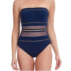 Gottex Blue One Piece Swimsuit with Sheer Mesh Stripes and Gold accents. NWOT
